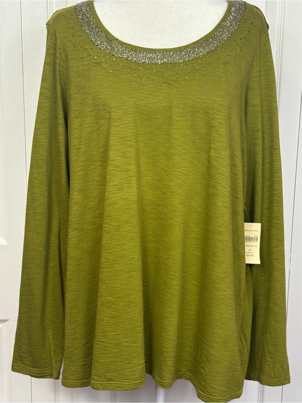 NWT Coldwater Creek Green Twinkling Beads Shimmer Long Sleeve Tee 2X